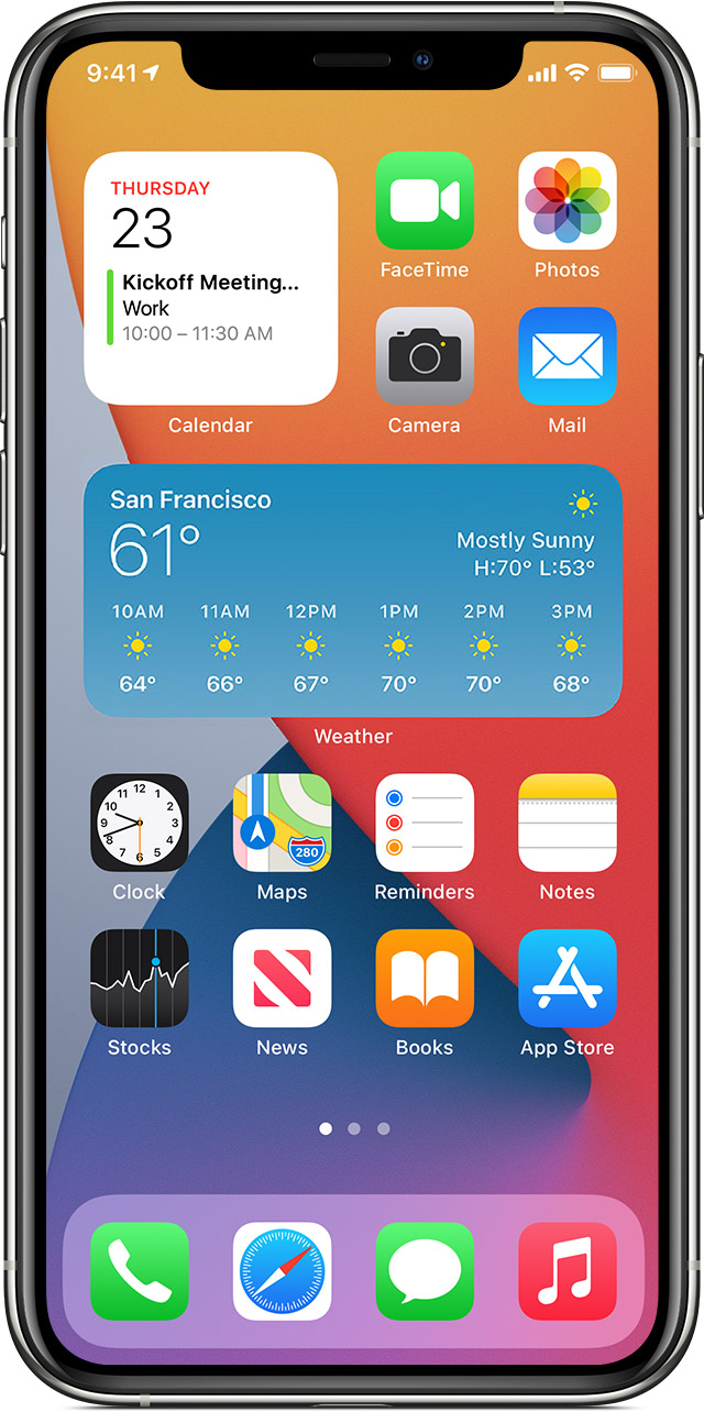 iPhone mostrando a tela de Início com widgets